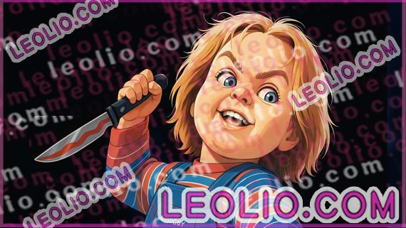 Illustration of Chucky, the killer doll from Child's Play, holding a knife and smiling menacingly